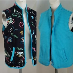 Travel Theme Reversible Quilted Vest black, Revers Turquoise, Size M/L